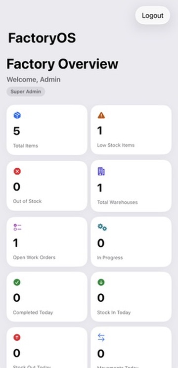 FactoryOS iPhone dashboard