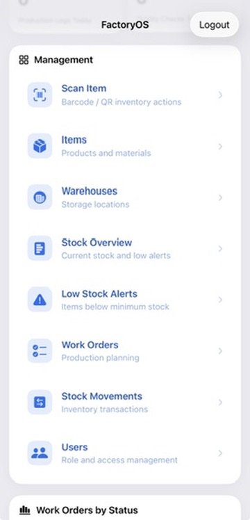 FactoryOS iPhone management screen